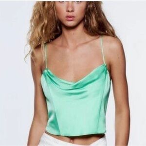 ZARA Satin Corset Style Cowl Neck Cropped Top